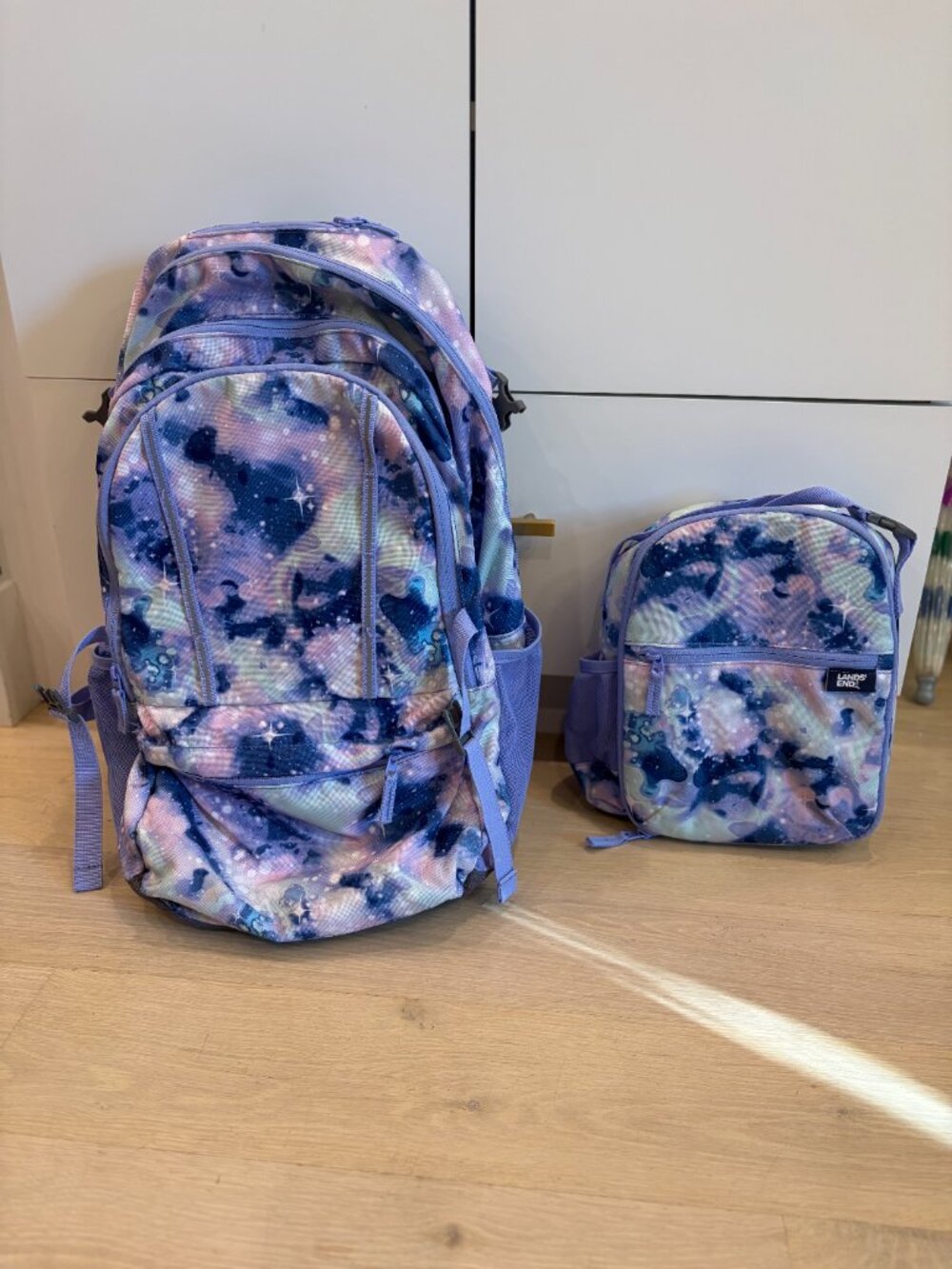 Lands' End Classmate XL Backpack & Insulated Lunchbox Lavender Galaxy EUC